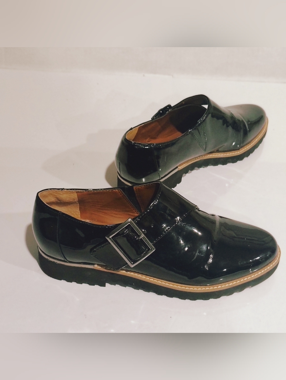 Franco Sarto Black Patent Leather Loafers with Tan Welt Size 8.5